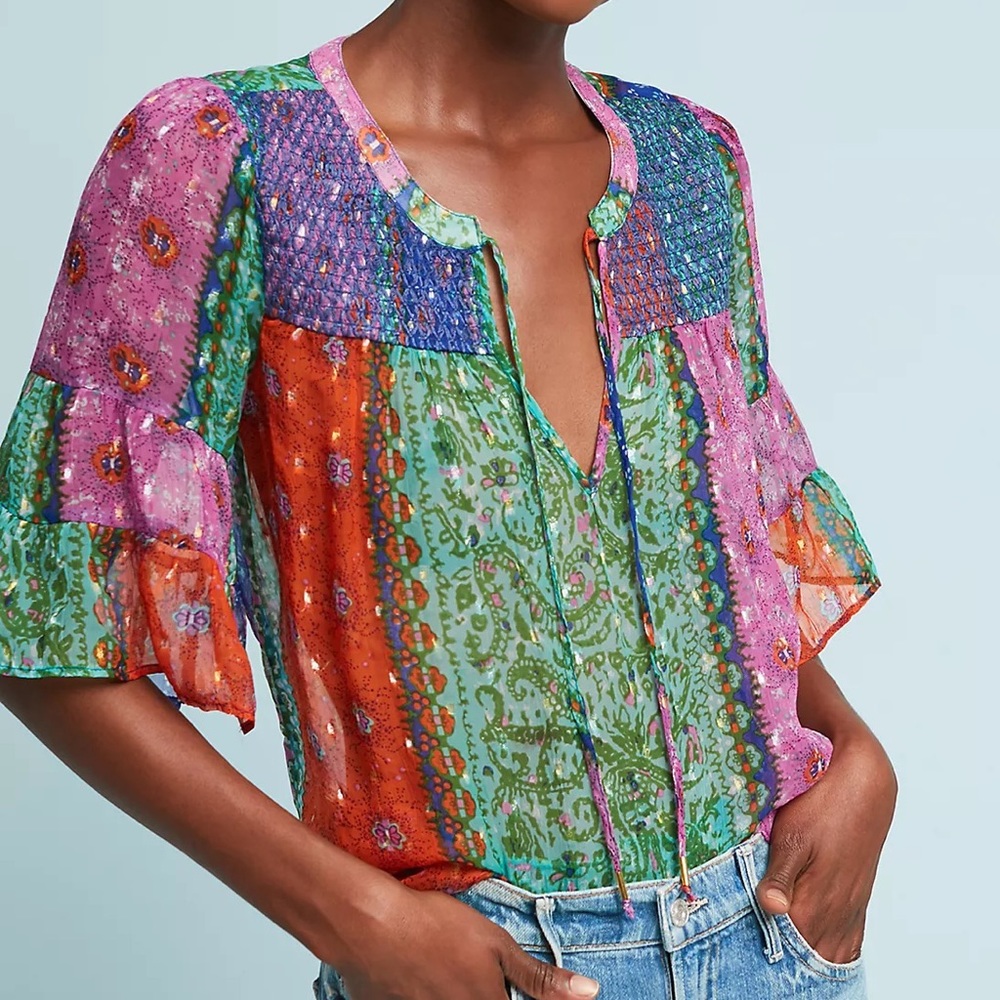 Anthropologie Akemi + Kin Antonella Multicolor Printed Tie-Neck Boho Peasant Top